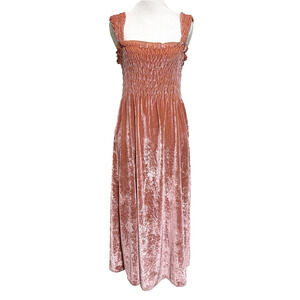 Free People Womens Velvet Midi Dress XS Pink Smocked Romantic Boho Renaissance